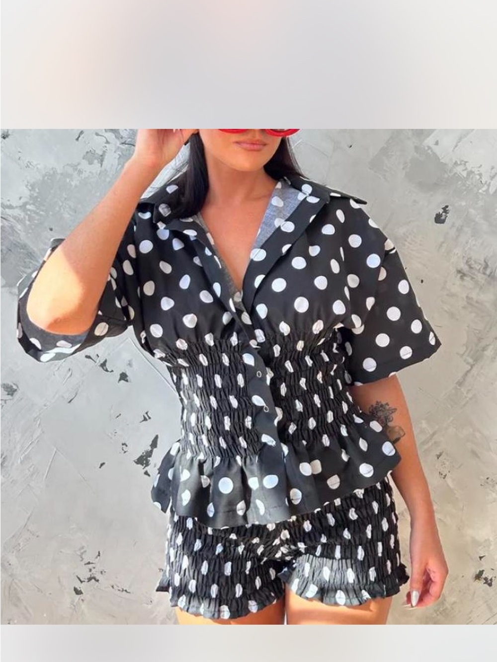 Fifth house muse Black Polka Dot Smocked Short Set - Women